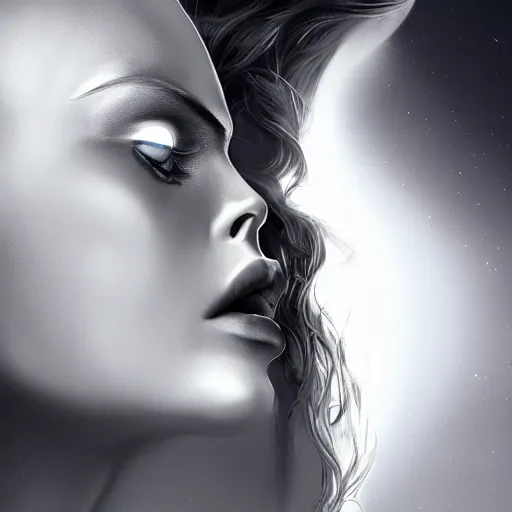 Image similar to A young beautiful female angelic-extraterrestrial-cyborg face with a very long neck, big detailed luminous eyes, thin nose, big lips, hair floating in the wind, Realistic, Refined, Digital Art, Pre-Raphaelite, Highly Detailed, Cinematic Lighting, rim light, dramatic, contraste black and white, photo-realistic Unreal Engine, 8K