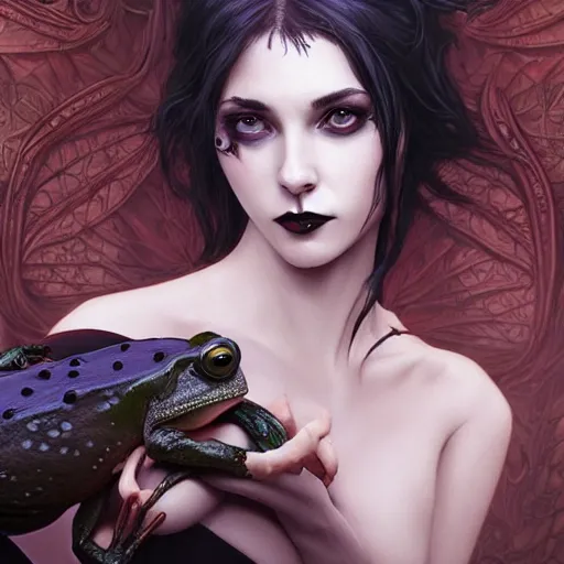 Image similar to attractive goth woman with a frog, intricate, highly detailed, digital painting, artstation, concept art, smooth, sharp focus, illustration, unreal engine 5, 8 k, art by artgerm and greg rutkowski and alphonse mucha