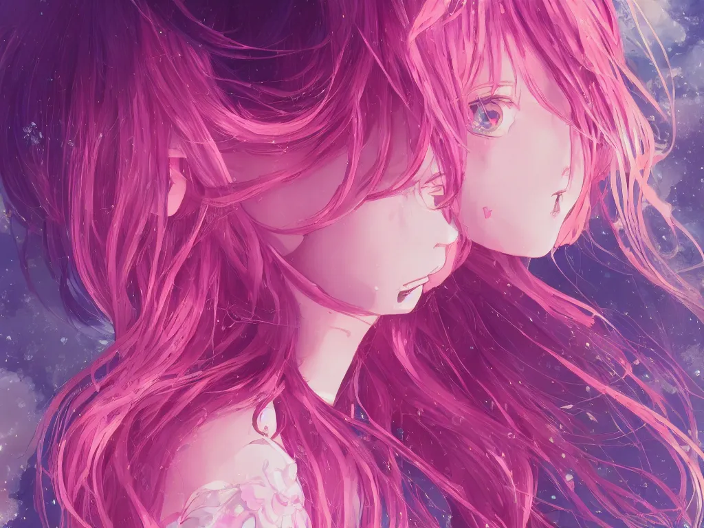 Image similar to colorful blueprint kawaii pink hair anime girl, close - up portrait, illustration, intricate, elegant, volumetric lighting, digital painting, highly detailed, artstation, colorful, beautiful, studio ghibli, hayao miyazaki, takashi murakami, alfons mucha, manga, cute and adorable