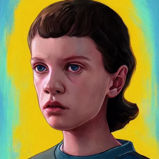 Prompt: a portrait of Eleven from Stranger things by WLOP!!!!!, character , female-focus, painting!!,scene!!,-n 4