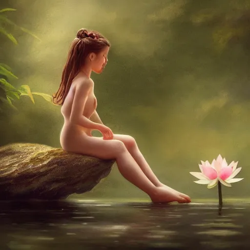 Prompt: a contemplative romanticist painting of a small fairy sitting on the edge of a lotus leaf, her feet in the water, the lotus leaf is floating on water, 8k, photorealistic, award winning, trending on artstation, by WLOP