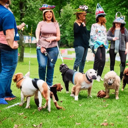 Prompt: a dog training class in a park where the dogs are all walking on two legs and wearing little hats