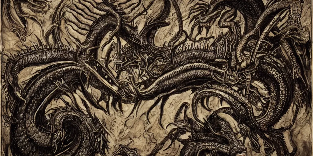 Image similar to a lovecraftian cinematic isograph print of a incan dragon by h. r giger in the style of renaissance art, trending on art station