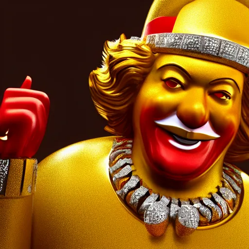 Image similar to A still of Ronald McDonald surrounded by gold and diamonds, Award-winning, photograph, 3d render, unreal engine, 4k detailed