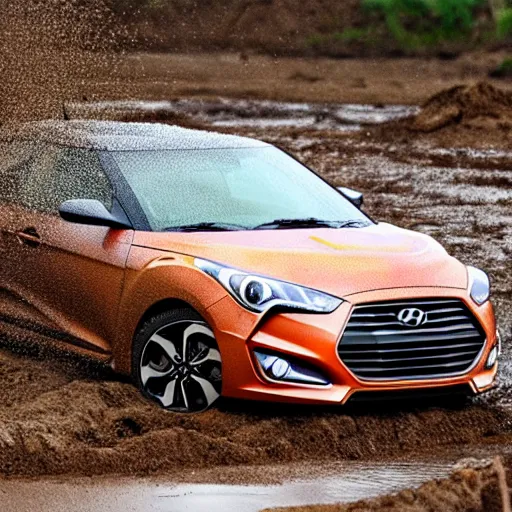 Prompt: a hyundai veloster stuck in a pit of mud on a rainy day