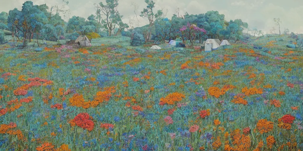 Prompt: landscape painting at noon by james jean and David Schnell painted in no mans land style