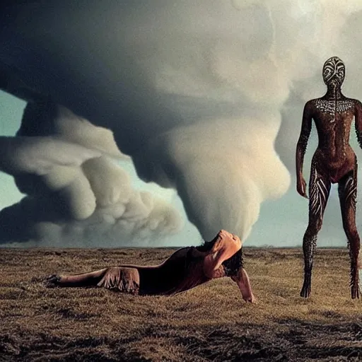 Prompt: westworld host, third eye aboriginal shamans, intermediate state between woman man, embossed hyphae cumulonimbus storm, time machine tunnel thunder energy portal exploding through their visions, virtual reality brain to brain sensing interface communicating thoughts directly from one mind to another to mothership earth planet, gregory crewdson, peter greenaway