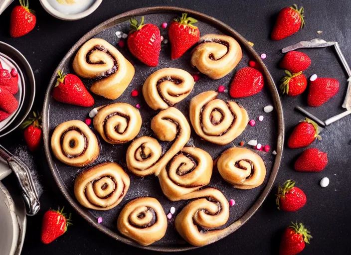 Prompt: sugary hot cinnamon rolls with extra glaze, strawberries, sprinkles, and coins, professional food photography, studio lighting, plating