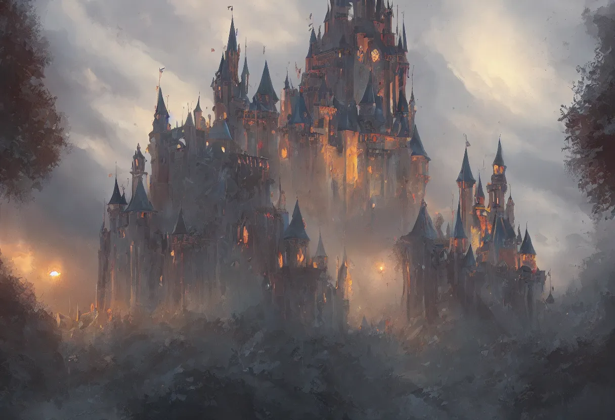 Prompt: a painting of disney castel trending on artstation in the style of greg rutkowski