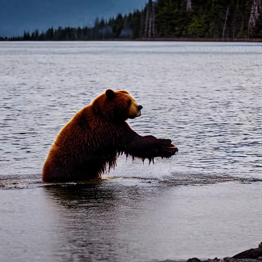 Image similar to kodiak bears kung - fu fighting on a lakefront using salmon as weapons, dusk, 8 k, hdr, cinematic, rule of thirds,