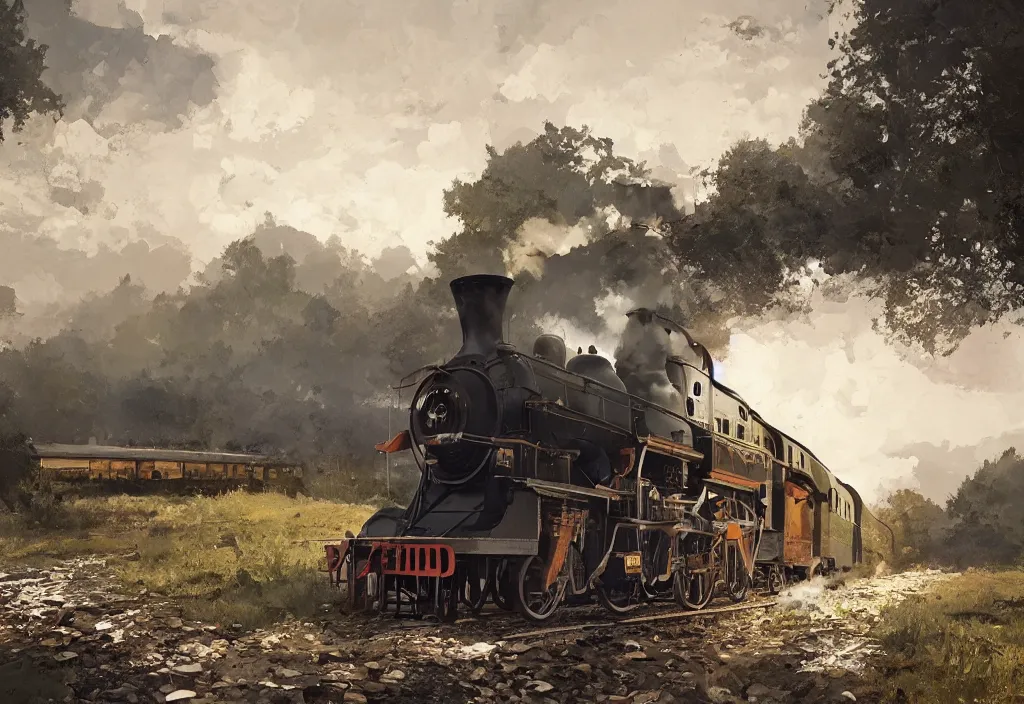 Image similar to a 1 9 th century steam train in a stunning landscape by ismail inceoglu, oil on canvas, line art, winning - award masterpiece, fantastic, octane render, 8 k hd resolution, high quality image