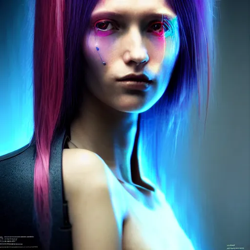 Prompt: a portrait of a beautiful young 28th century super cool post-human female with long neon like hair, barely human and largely biomechanical machine, hyper-realistic cyberpunk style, image by tom bagshaw , IKuvshinov Ily, photos by Annie Leibovitz, moody, models by 500px, dramatic cinematic lighting rendered by octane, 8k, detailed, intricate, clean and textures, trending on artstation, deviantart google images, pinterest