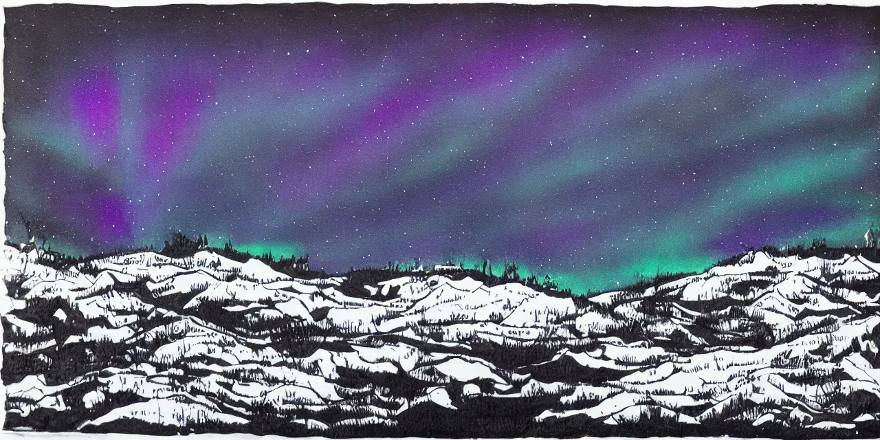 Prompt: laurentian appalachian mountains during winter, original and creative black ink surrealist landscape artwork, snowy night, aurora borealis, fascinating textures, drips