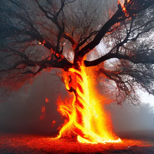 Image similar to hollow oak tree on fire, portrait, intricate, photograph, fog extreme details cinematic masterpiece