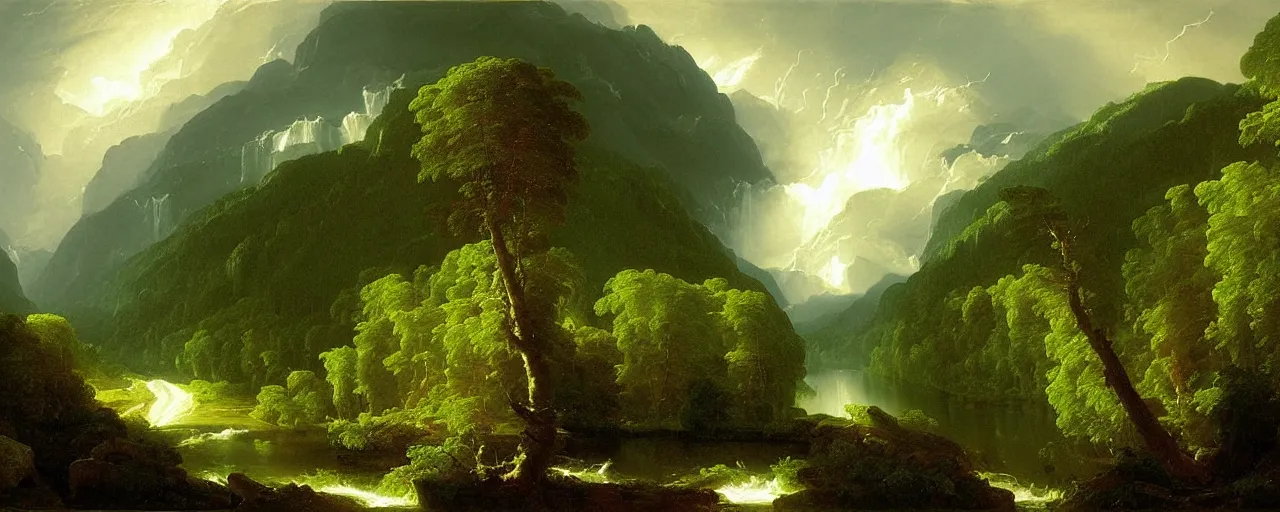 Image similar to beautiful forest scenery, distant mountains, river flowing through, distant cloud shadows, raining, rain, painting by thomas cole