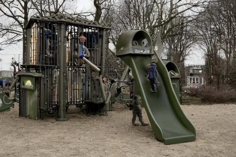 Image similar to dystopian authoritarian playground guards station around the area