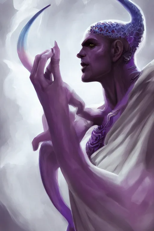 Image similar to djinn man male demon, portrait, full body character, concept art, purple cloak, single face, illustration, white spiral horns, cinematic color grading, editorial photo, fashion, hyperrealism, realism, trending on artstation, Charlie Bowater, WLOP