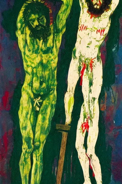 Image similar to green jesus christ crucified painted by cy twombly and basquiat