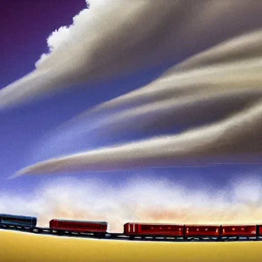 Prompt: train billowing smoke as it goes over a mountain, concept art, illustrated, highly detailed, high quality, bright colors, optimistic,