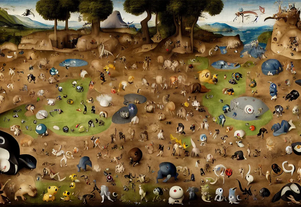 Prompt: painting of pokemon living in the wild by hieronymus bosch, high detail, 4 k