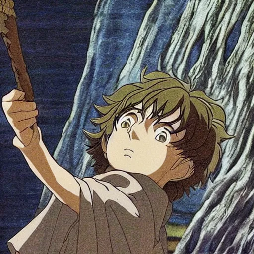 Prompt: frodo in the anime lord of the rings by studio ghibli, movie still frame, very detailed, artwork by hayao miyazaki, kentaro miura, satoshi kon