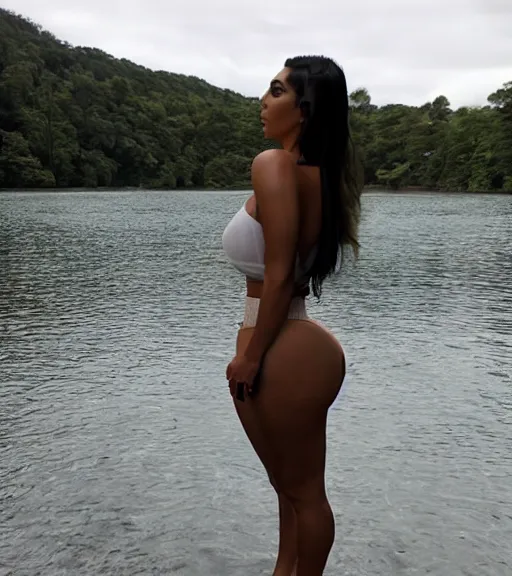 Image similar to rear waist still of kim kardashian wearing a high tightly fitted thong, standing by a lake, intricate, elegant, highly detailed, smooth, sharp focus.