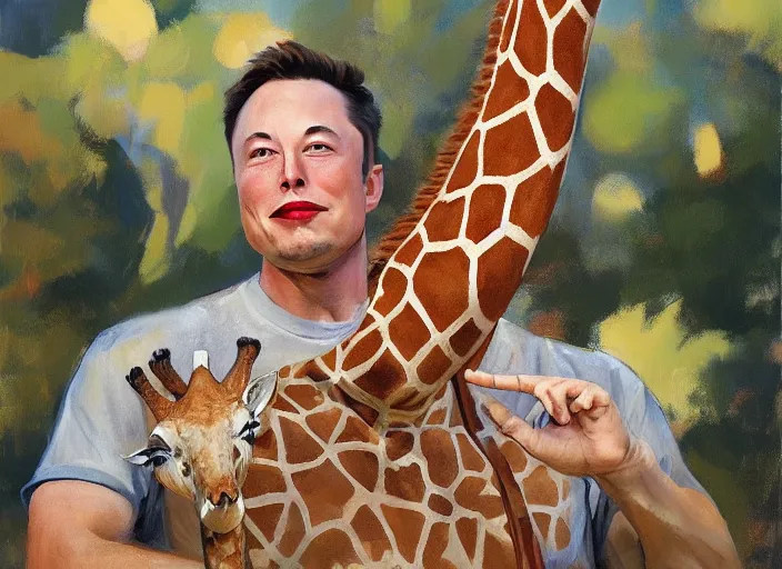 Image similar to a highly detailed beautiful portrait of elon musk with a giraffe, by gregory manchess, james gurney, james jean