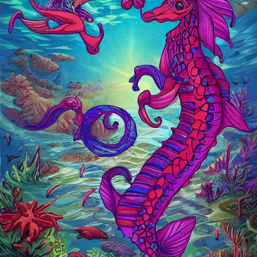 Image similar to merfolk riding seahorses, trending on artstation, colorful, intricate, art by senjon 津