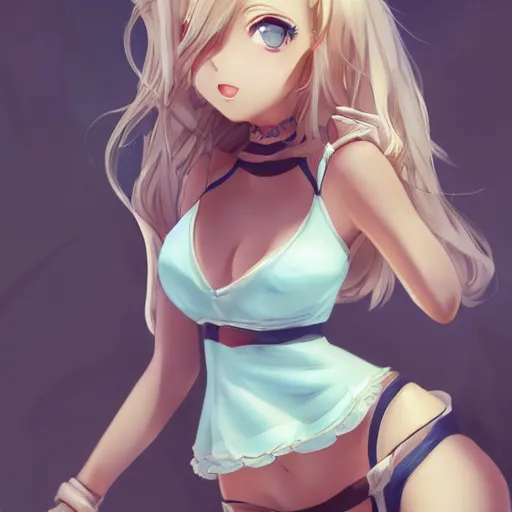 Image similar to a very beautiful young anime bar girl, full body, long wavy blond hair, sky blue eyes, full round face,, bikini, miniskirt, front view, mid - shot, highly detailed, cinematic wallpaper by stanley artgerm lau