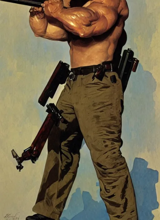 Image similar to gk chesterton as a buff action hero with muscles and a shotgun. portrait by james gurney craig mullins and alphonso mucha. realistic face. expressive.