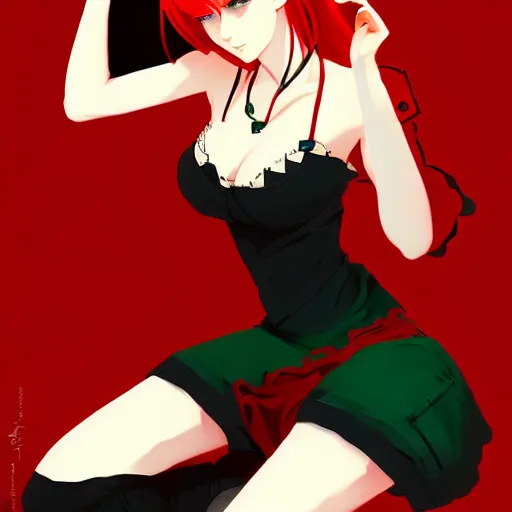 Image similar to elegent girl with red hair and green eyes, wearing a camisole, red and black color palette, in the style of and ilya kuvshinov and greg rutkowski, high quality anime artstyle, intricate