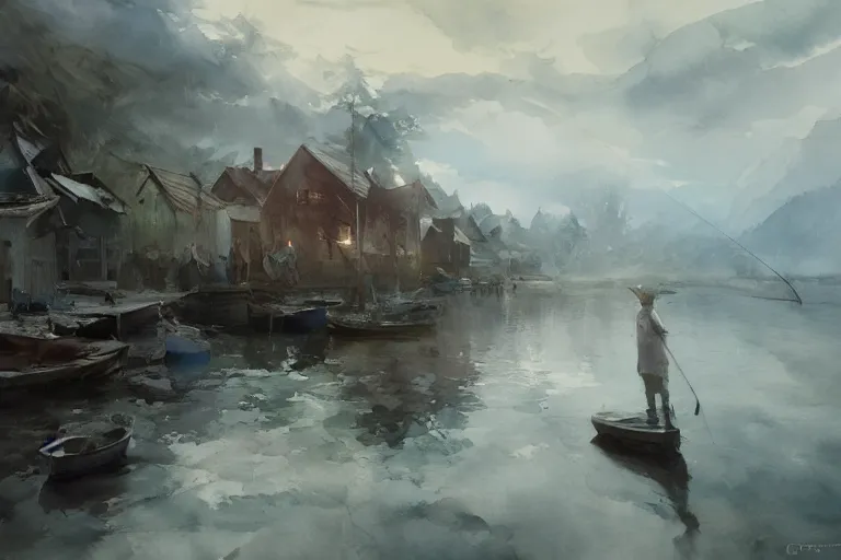 Prompt: paint brush strokes, abstract watercolor painting of rustic fishing village at foggy dawn, viking age, ambient lighting, art by hans dahl, by jesper ejsing, art by anders zorn, wonderful masterpiece by greg rutkowski, cinematic light, american romanticism by greg manchess, creation by tyler edlin