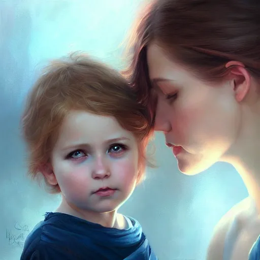 Image similar to love is patient love is kind, mother and child ; photorealistic oil painting by charlie bowater and mark blooms ; highly detailed cute faces by wlop ; trending on artstation