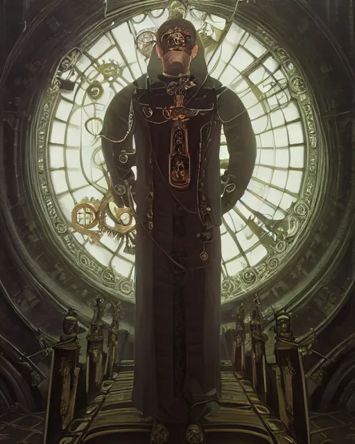 Image similar to highly detailed surreal vfx portrait of a steampunk priest in a steampunk cathedral, stephen bliss, unreal engine, greg rutkowski, loish, rhads, beeple, makoto shinkai and lois van baarle, ilya kuvshinov, rossdraws, tom bagshaw, alphonse mucha, global illumination, detailed and intricate environment