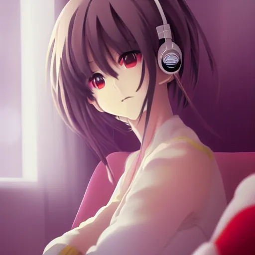 Image similar to anime portrait of beautiful girl sits on the sofa and listens to music, the sun shines through the window, white hair, watery red eyes, clear face, beautiful body, dream light, focus on the face, highly detailed, 8 k, artstation, concept art, master pieces, in style of kyoto animation