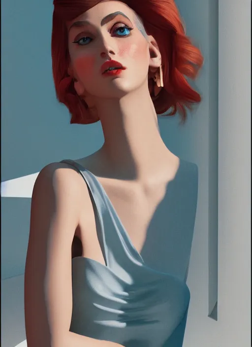 Prompt: Italian Vogue vintage cover, portrait of a female model, high fashion, by Edward Hopper and James Gilleard, 8k, octane render, ultra sharp, detailed digital art