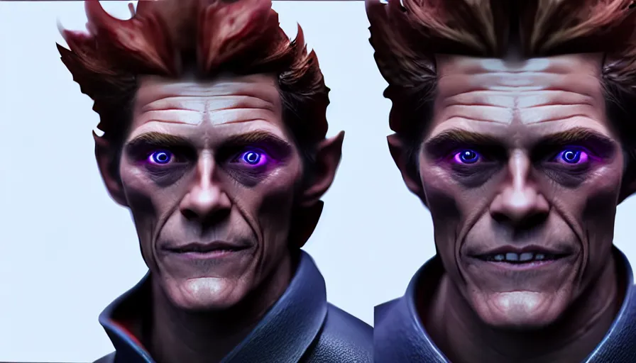 Image similar to willem dafoe as dota 2 game character, symmetrical, dota 2 game screenshot, 4 k, ray tracing, octane render, ultra hd