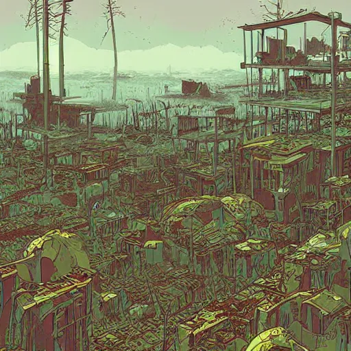 Prompt: post apocalyptic landscape with dilapidated overgrown buildings, detailed art by Kilian Eng, Moebius