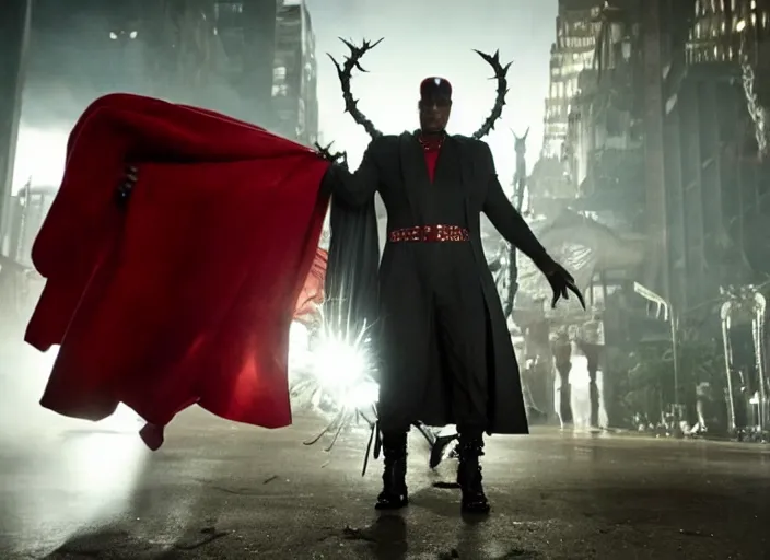 Image similar to film still of jamie foxx as spawn in the new spawn movie, giant chains, large cape, 8 k