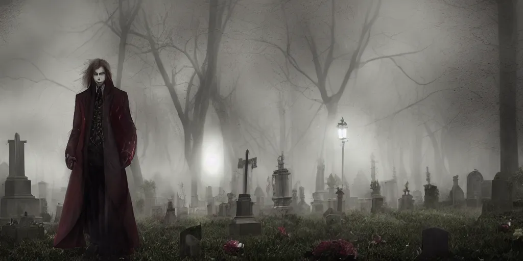 Image similar to Vampire Chronicles characters in real life, fog, rain, volumetric lighting, beautiful, night time, cemetery, sharp focus, ultra detailed, cgsociety