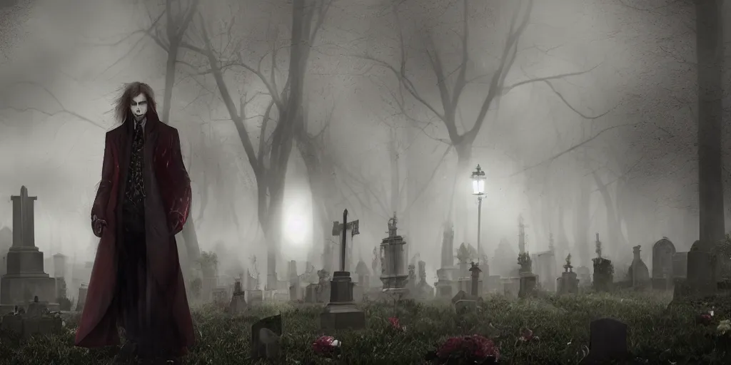 Prompt: Vampire Chronicles characters in real life, fog, rain, volumetric lighting, beautiful, night time, cemetery, sharp focus, ultra detailed, cgsociety