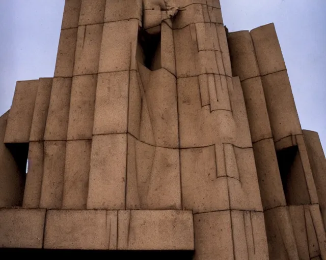 Prompt: by szukalski, francis bacon, vivian maier, mystical redscale photography evocative. a brutalist concrete carved sculpture of the birth of the machine intelligence, standing in a city center.