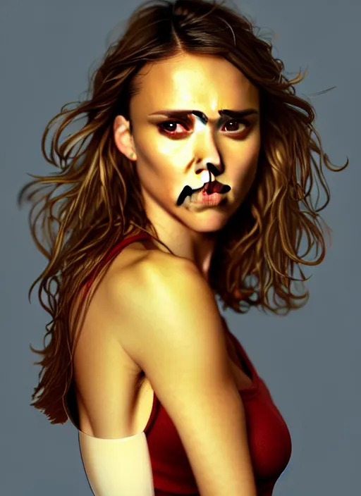 Image similar to half Jessica Alba half Nathalie Portman half scarlett johansonna pure seductive angel, full body portrait, slight smile, diffuse natural sun lights, autumn lights, highly detailed, digital painting, artstation, concept art, sharp focus, illustration, art by wlop and greg rutkowski and alphonse mucha and artgerm