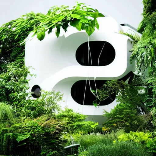 Image similar to futuristic house white covered in plants, hanging vines, motorcycle