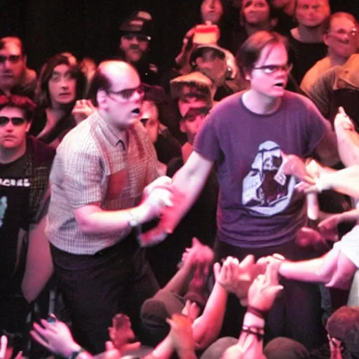 Image similar to Dwight schrute on stage at a hip hop concert throwing beets at the crowd