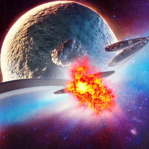 Image similar to photo of an alien world exploding, there is a ship that just barely escapes, hyperrealism