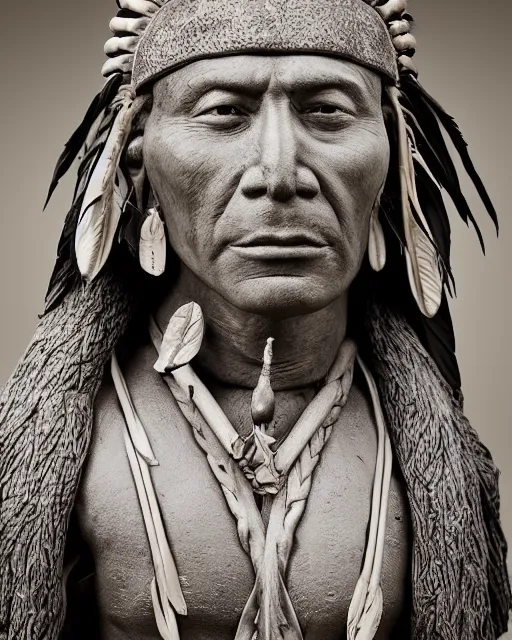 Image similar to bust of a native american man with full head dress, clay sculpture, photograph, photo realistic