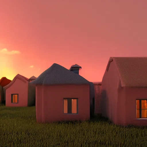 Image similar to houses made of clay, digital art, octane render, blender, artstation, vaponpunk, sunset, 8k, soft light, ray tracing, wet ground