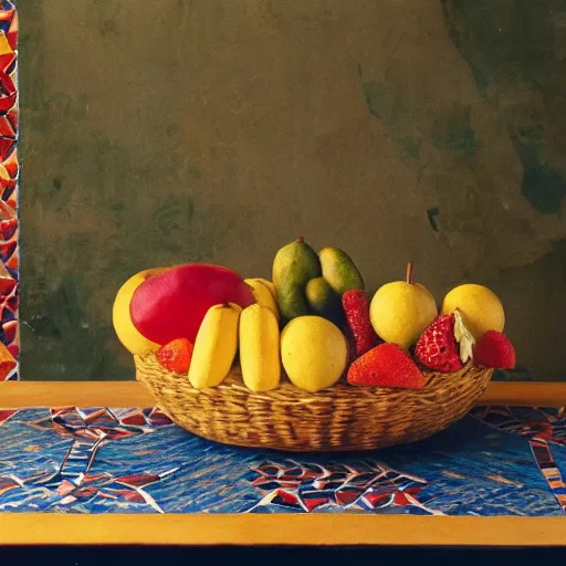 Prompt: a fruit basket on top of a kitchen table, cinestill, 2700K, Kodachrome, ancient egyptian mural, roman mosaic, smoke