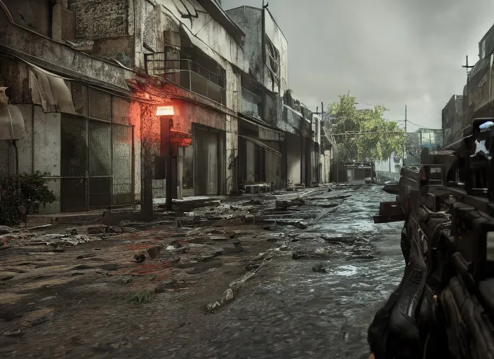 Prompt: still next - gen ps 5 game call of duty warzone 2 0 2 4 remaster, graphics mods, rain, mexican abandoned city, rtx reflections, abandoned buildings, photorealistic screenshot, unreal engine, 4 k, 5 0 mm bokeh, close - up hammer h 1, call of duty remastered, artstation